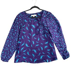 LOFT Feather Print Tie Neck Blouse Purple Teal Long Sleeve Preppy S